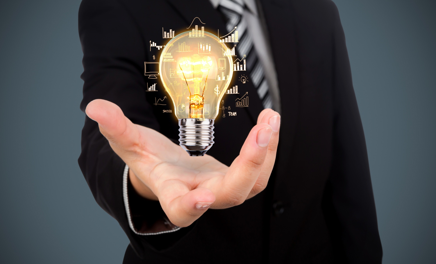 A hand holding a glowing light bulb, representing vision and innovation